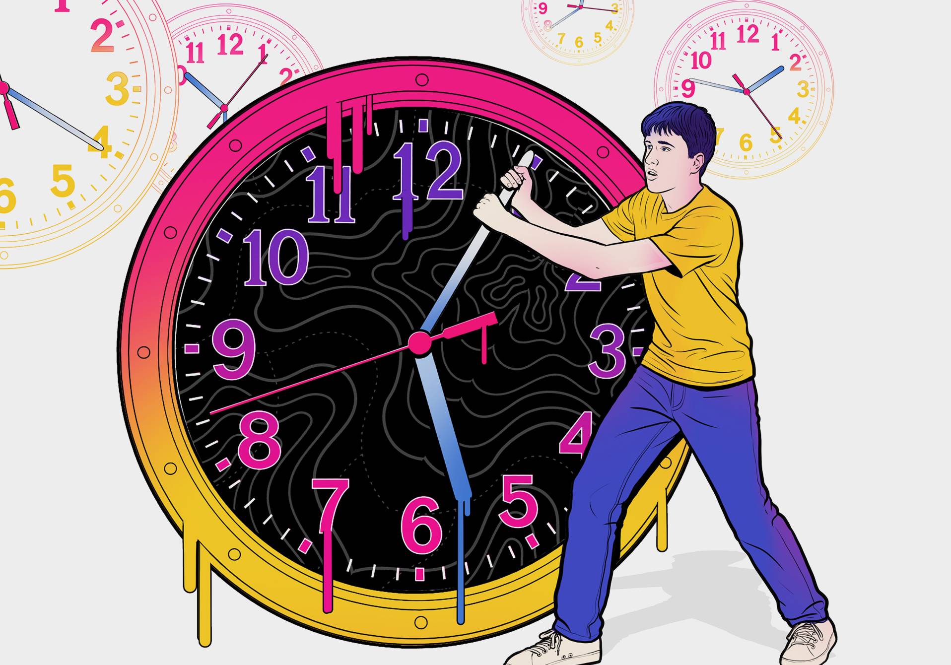 le casse-tête des rythmes scolaires symbolisé par un enfant tirant sur les aiguilles d'une horloge