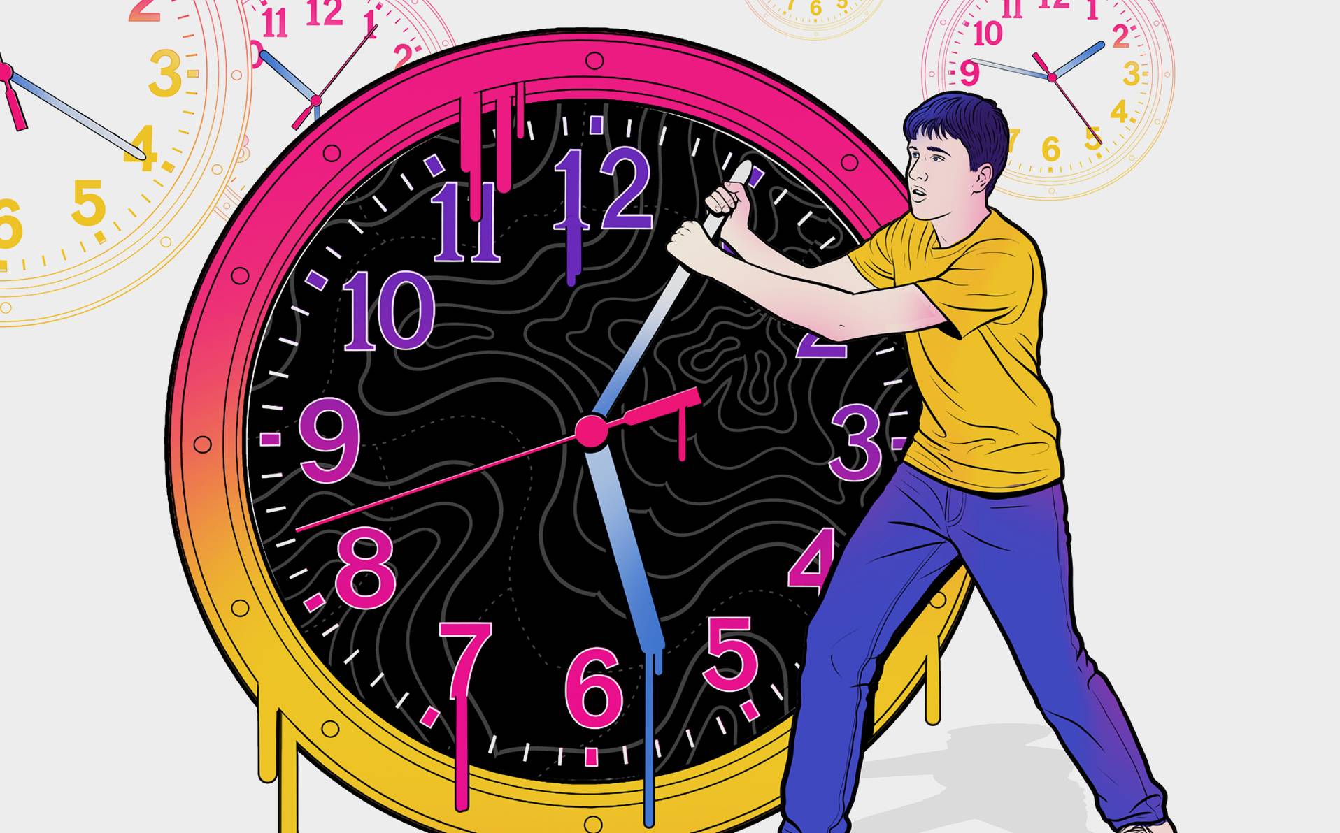 le casse-tête des rythmes scolaires symbolisé par un enfant tirant sur les aiguilles d'une horloge