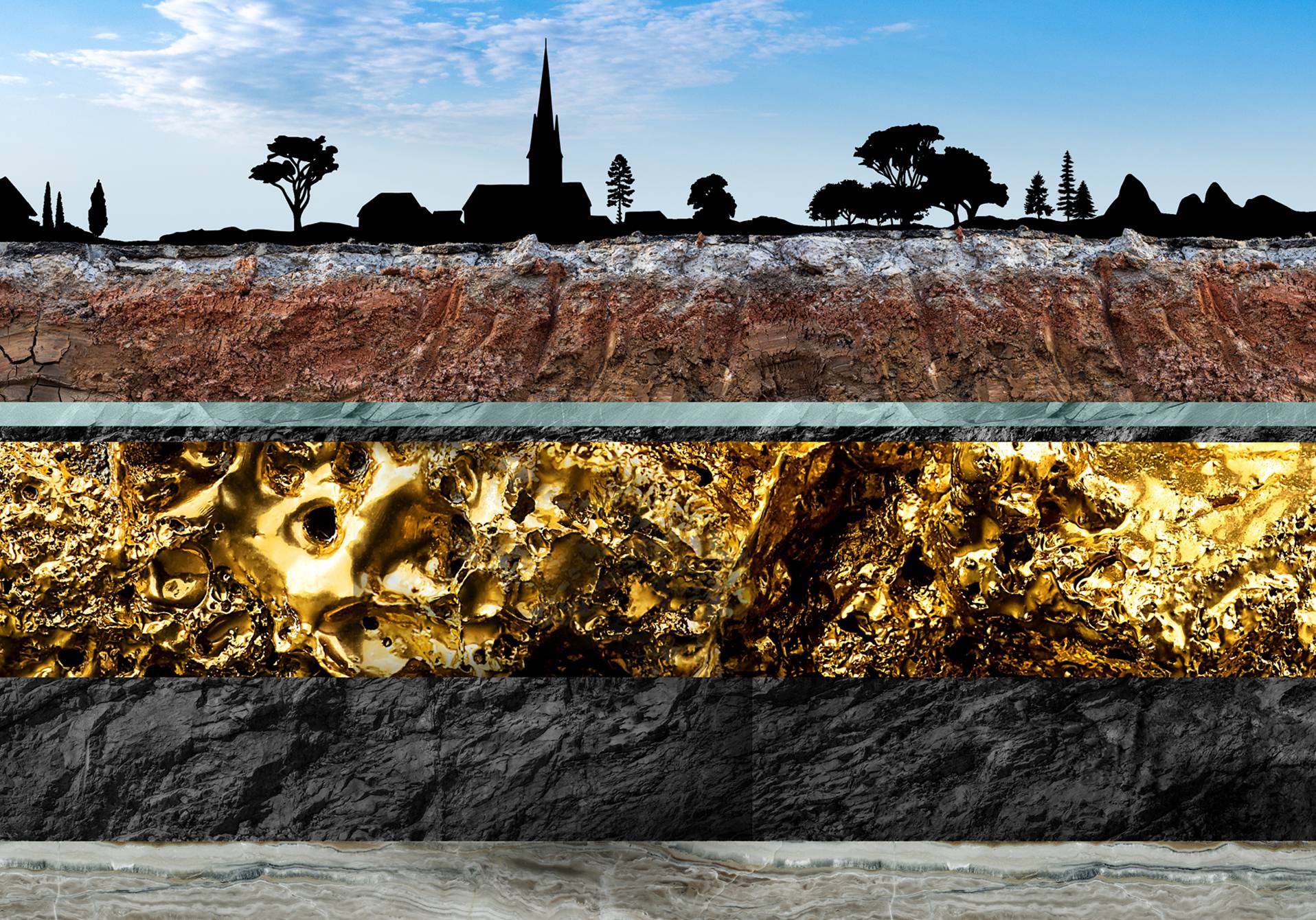 strates géologiques avec de l'or pout illustrer un article sur la ruée vers l'or en france