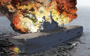 illustration d'une explosion sur porte-avion en pleine mer