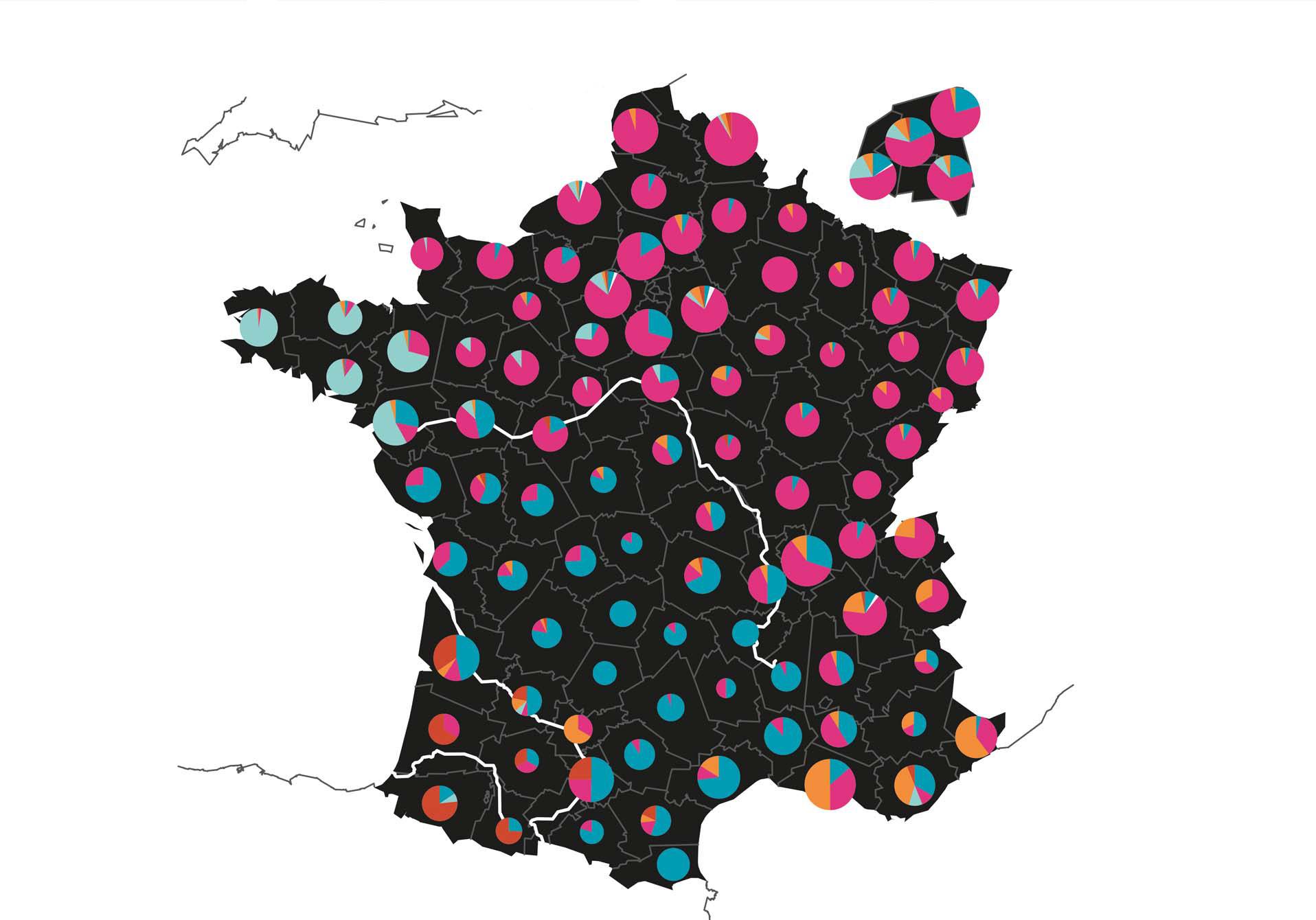 carte de la France avec camemberts par département