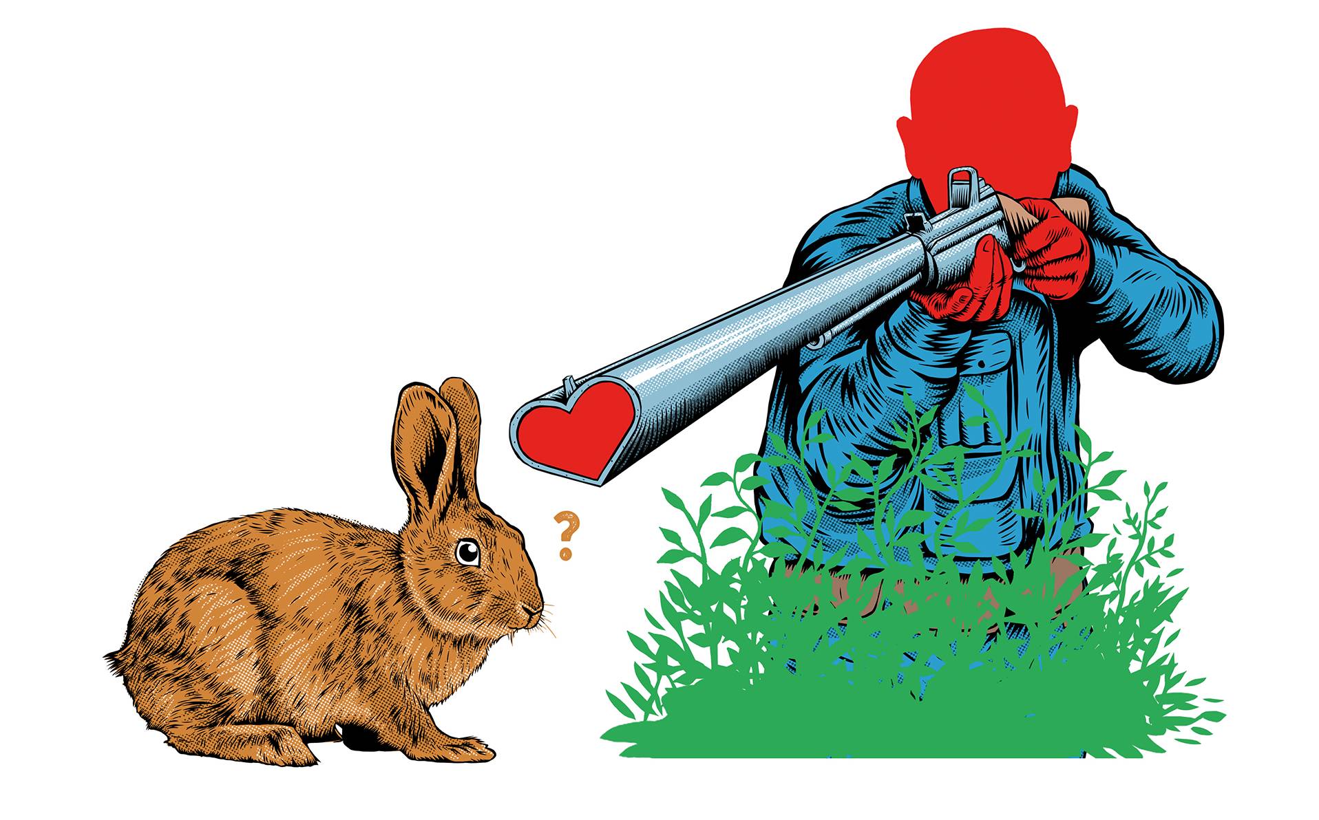 illustration d'un chasseur visant un lapin avec son fusil