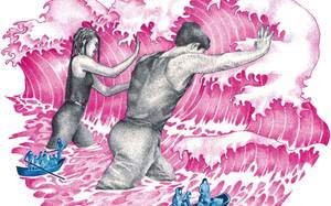 dessin de deux personnes essayant de retenir une énorme vague