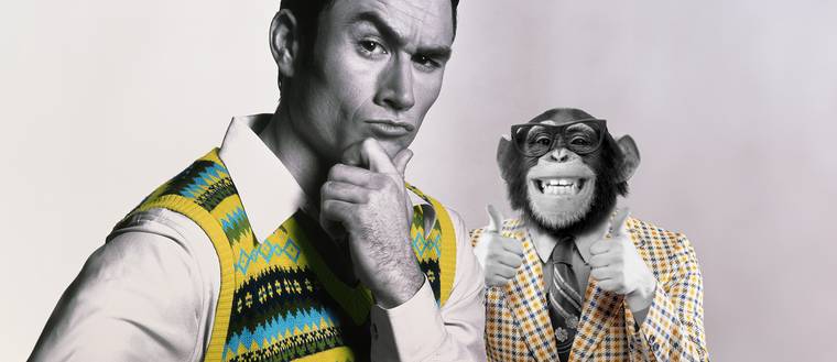 photo et photomontage d'un humain et d'un singe en costume