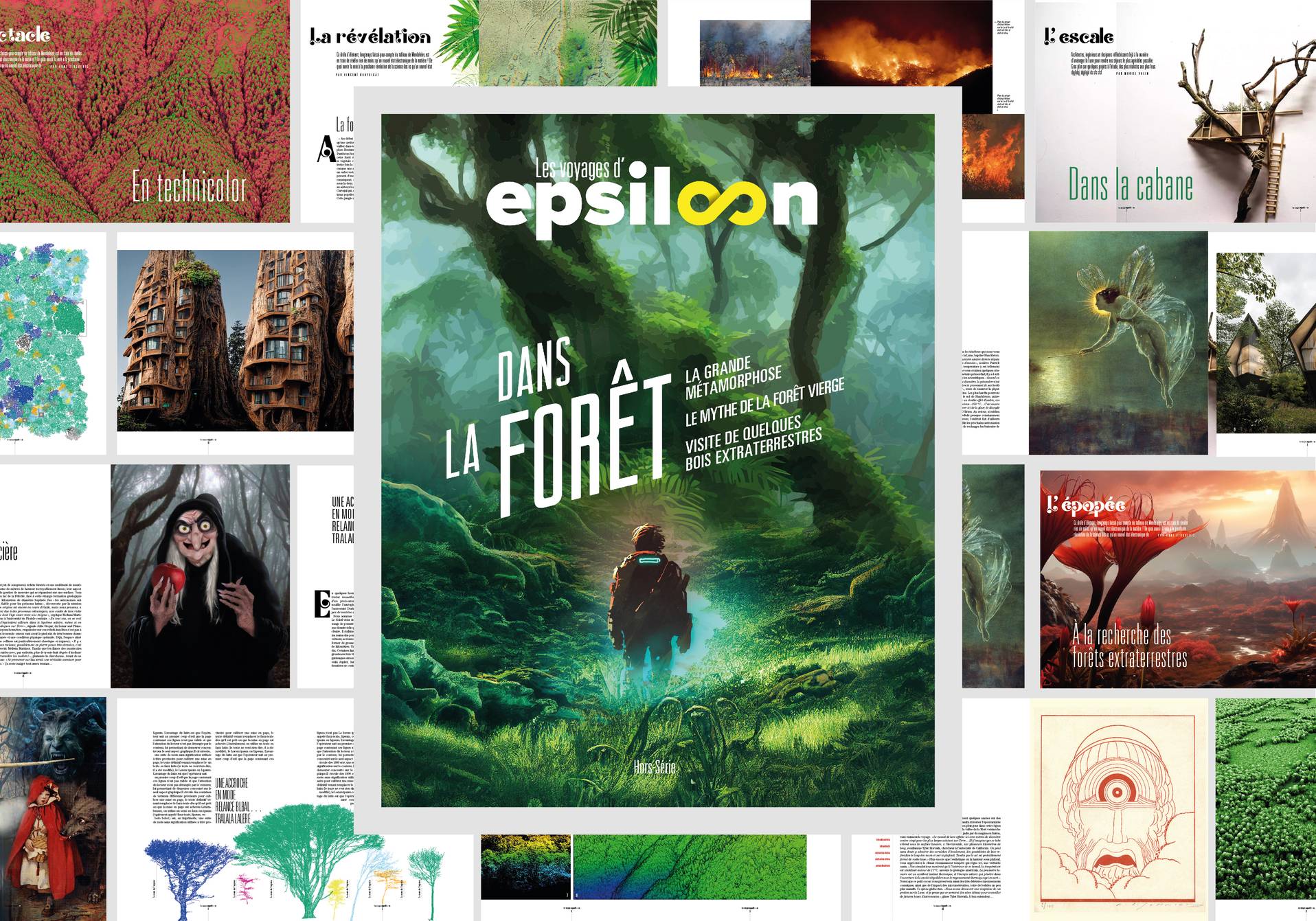 couverture et double-pages du nouveau mook du nouvea voyage d'Epsiloon : Dans la forêt