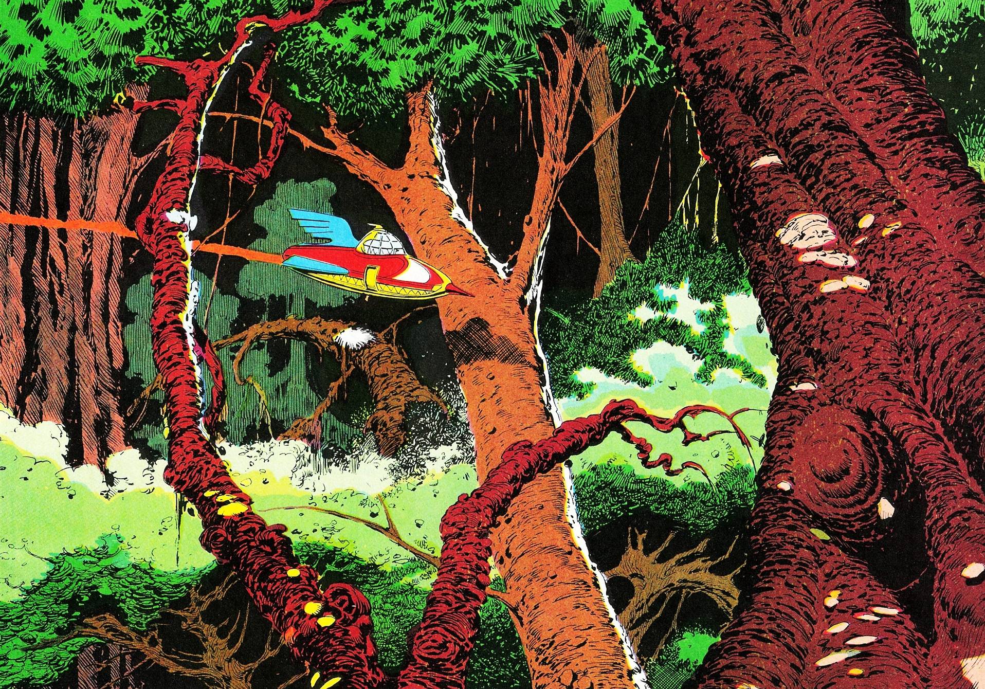 illustration d'une forêt extraterrestre dans Flash Gordon, 1980