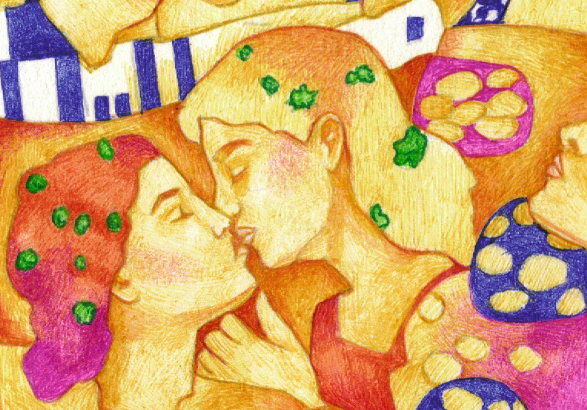 deux femmes qui s'embrassent à la manière de Klimt